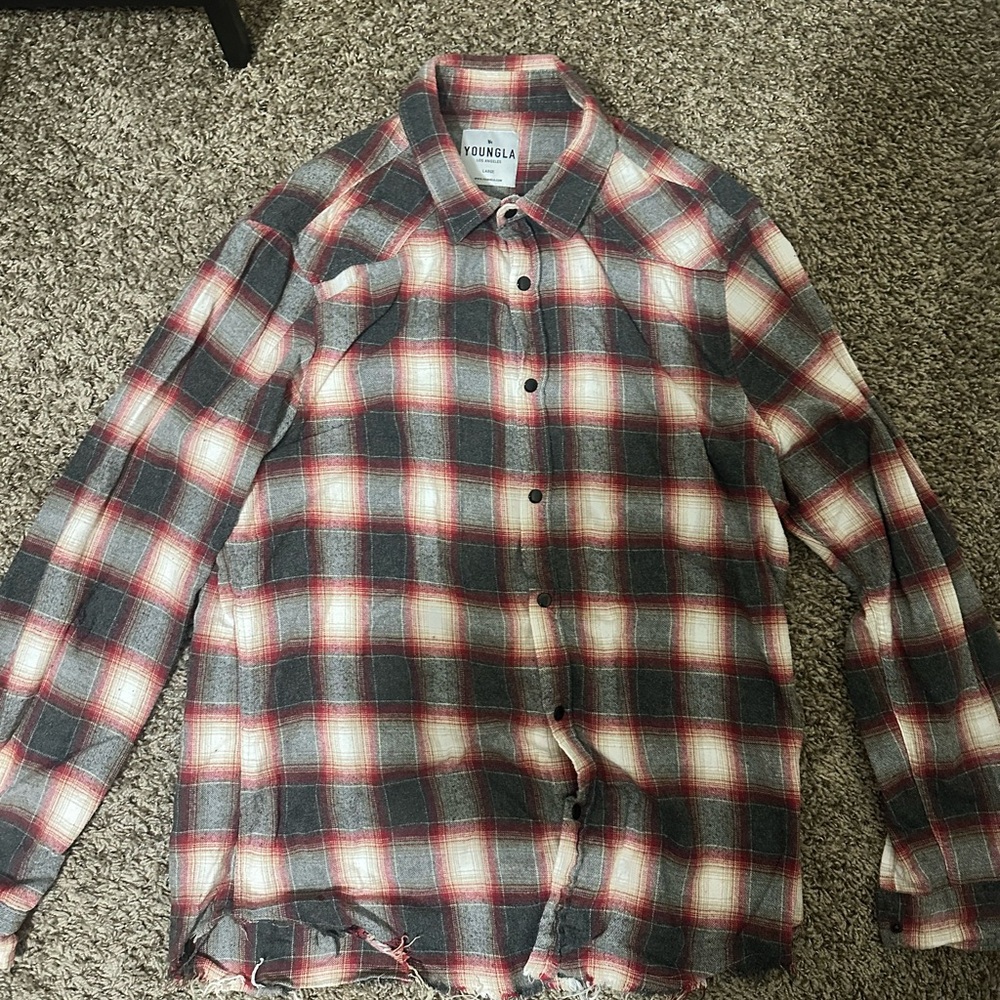 YoungLA Red and Gray Plaid Casual Button Down Shirt